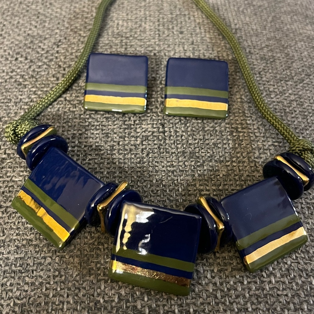Kristine Marie clay ceramic necklace and earrings set. Hand painted